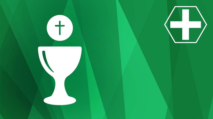 Symbolische Grafik mit einem Kelch, über dem ein Kreuz schwebt, sowie einem medizinischen Kreuz-Emblem in der Ecke.