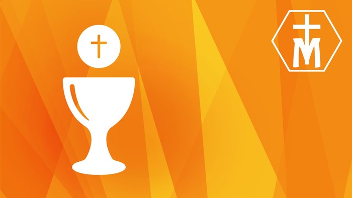 Heiliger Kelch mit einem Kreuzsymbol darüber, vor einem orangefarbenen geometrischen Hintergrund mit einem Logo in der Ecke.