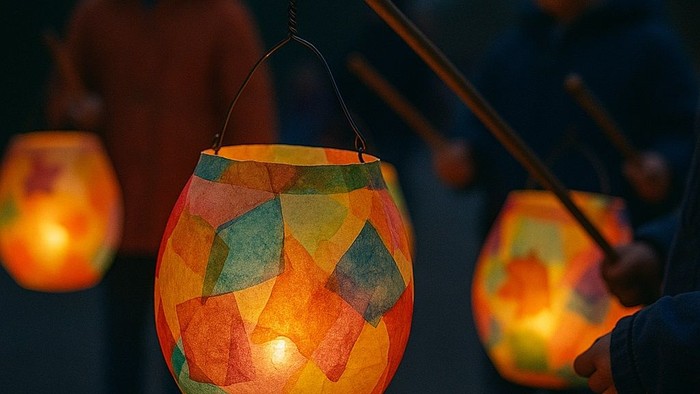 Kinder halten bunte Laternen in der Dämmerung
