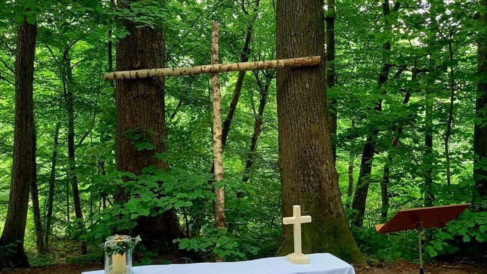 Außenaltar in einem Wald mit einem Holzkreuz, Kerzen und einem Lesepult.