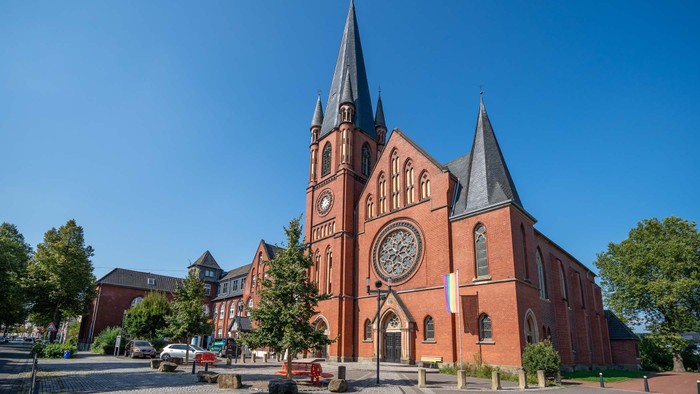 Große rote Backsteinkirche mit hohen Spitzen und Uhr, umgeben von Bäumen und Autos.