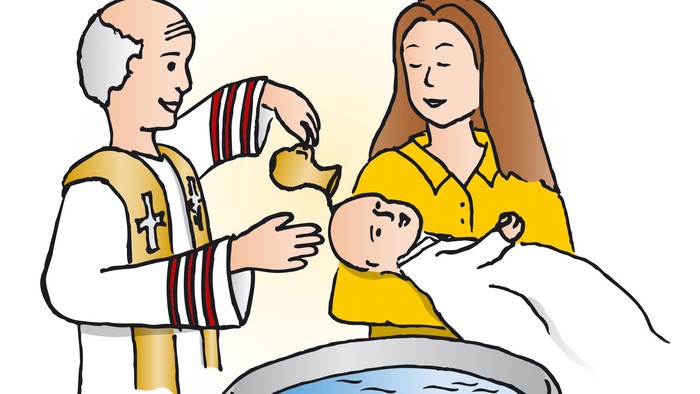 Ein Priester tauft ein Baby in einem Becken, während die Mutter zuschaut