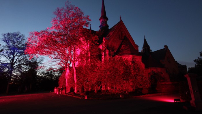 Das Foto zeigt den rot angestrahlten Nordfriedhof.