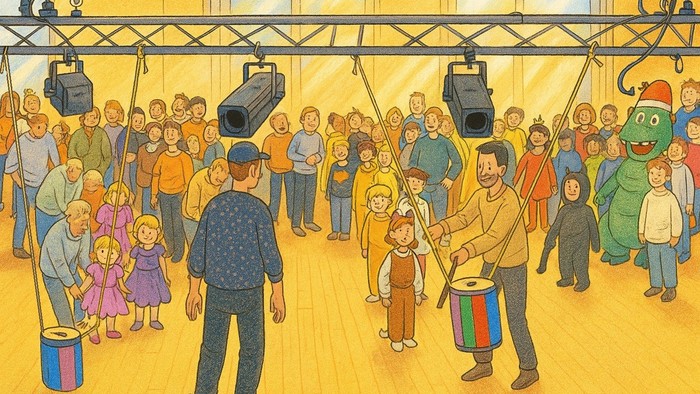 Børn, der leger i en gymnastiksal med voksne og farverige legetøj.