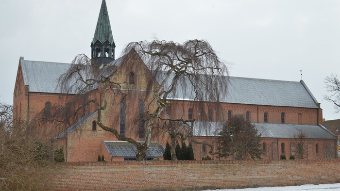 Historisk murstenskirke med højt spir og nøgne træer i et vinterlandskab.