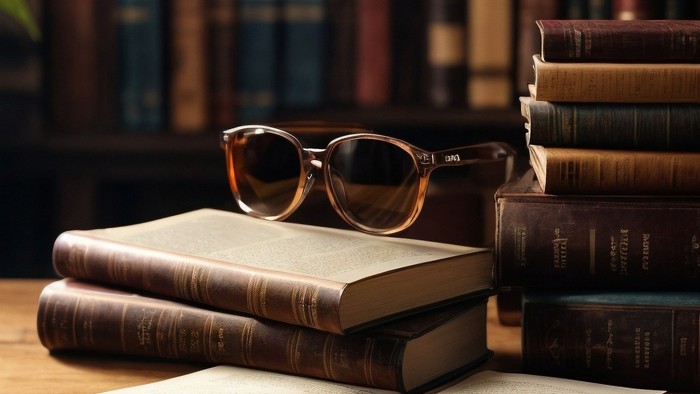 Auf einem Tisch liegt ein Stapel Bücher, auf dem obersten Buch liegt eine Brille. Im Hintergrund ist ein Bücherregal.