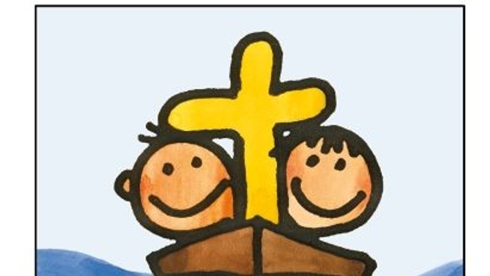 Zwei Kinder in einem Boot mit einem Kreuz, 