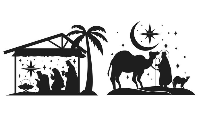 Vier Silhouetten von Weihnachtskrippe-Szenen mit Engeln und Sternen