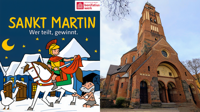 Das Bild zeigt den Heiligen Martin vor einer Kirche mit dem Text