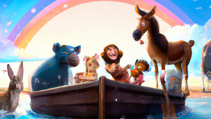 Ein buntes Boot mit verschiedenen Tieren und Kindern unter einem Regenbogen