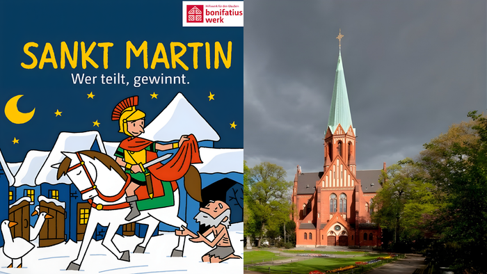 Das Bild zeigt Sankt Martin auf einem Pferd und eine Kirche mit Turm