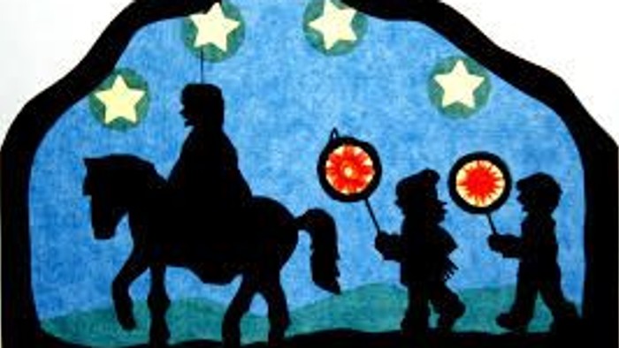 Bunte Silhouettenkunst zeigt einen Pferdeschlitten mit Kindern, die leuchtende Laternen halten, unter einem sternenklaren Nachthimmel.
