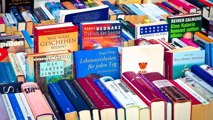 Viele Bücher in verschiedenen Farben und Themen, aufeinandergestapelt und liegend