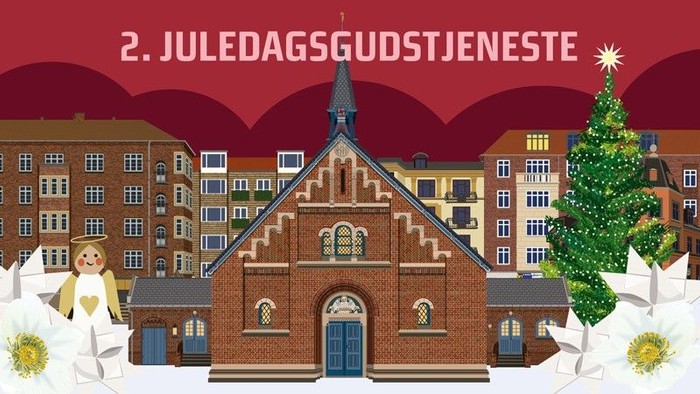 Illustret julehus med juletree og nisser