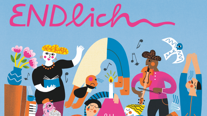 Buntes Poster mit einer vielfältigen Gruppe von Menschen und dem Text *„ENDlich“* oben.