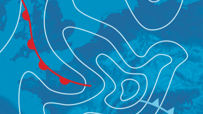 Eine blaue topografische Karte mit einem rot-weißen Weg.