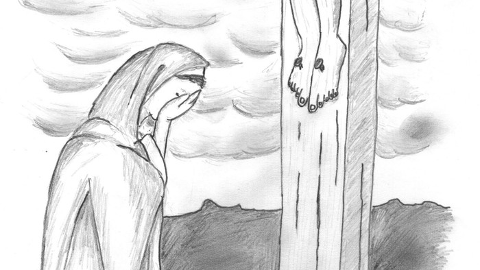 Tegning af den grædende Maria ved korset