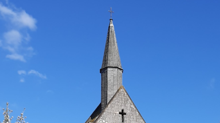 Kirche mit Wiese davor, blühendem Kirschbaum links und blauem Himmel