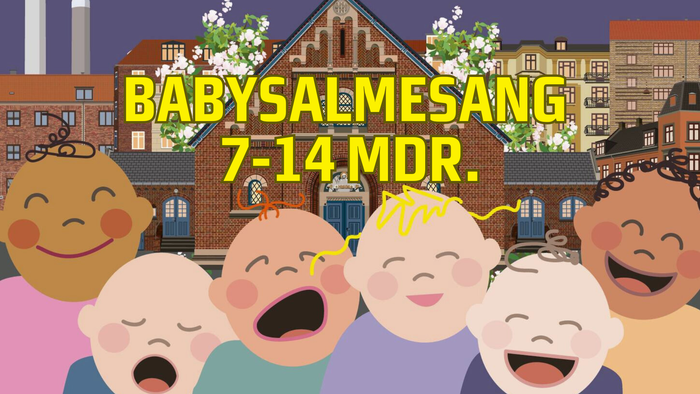 Babysalmesang 7-14 marts - syv barn med forskellige udtryk foran bygninger