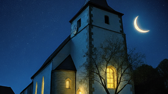 Kirche am Florenberg mit geschnitzten Kürbissen im Vordergrund