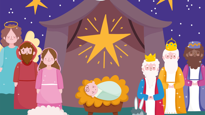 Julehistorie med Jesusbarn, Maria, Josef og tre koner.