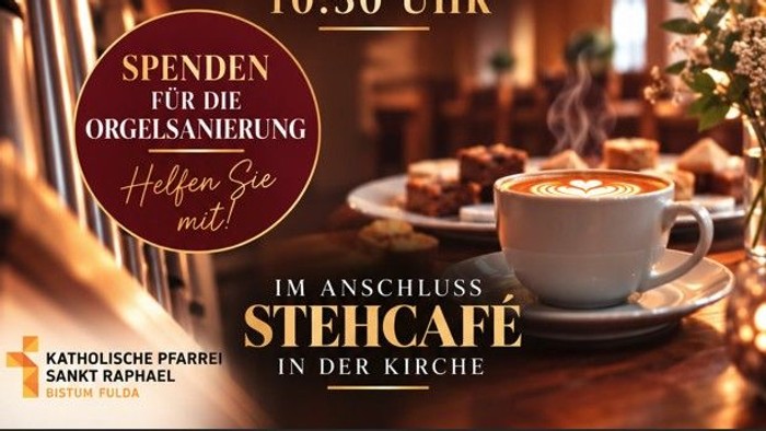 Einladungsplakat für einen musikalischen Gottesdienst mit anschließendem Kaffeetreffen, mit Orgelmusik und Buntglasfenstern.