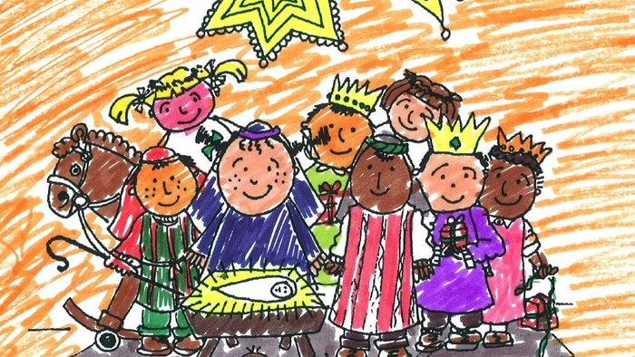 Children dressed in colorful costumes with a large star above them.