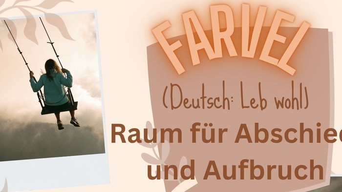Abschieds- und Übergangsveranstaltungsplakat auf Deutsch mit Fotos und Details für ein Gemeinschaftstreffen in Kassel.