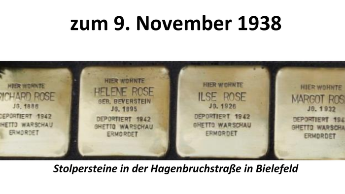 Plakat der Evangelischen Kirchengemeinde Bielefeld-Süd zur Erinnerung an die Reichspogromnacht am 9. November 1938. Abgebildet sind vier Stolpersteine für die Familie Rose. Einladung zum Abendgebet am 9. November 2026 um 18 Uhr in der Johanneskirche in Bi