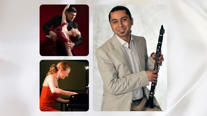Julian Badaruta mit Klarinette, daneben ein Paar, das Tango tanzt und eine Pianistin am Klavier