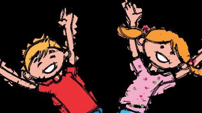 Zwei fröhliche Kinder springen und jubeln.