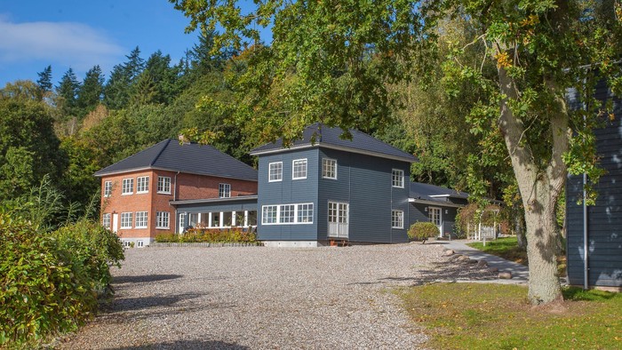 To hus på en grusvej med træer og buske i nærheden