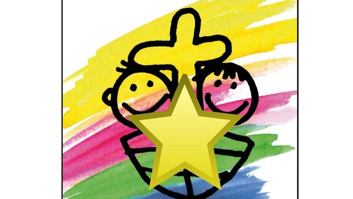 Zwei fröhliche Kinder halten einen großen gelben Stern vor einem farbenfrohen Hintergrund