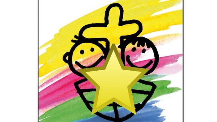 Zwei fröhliche Kinder halten einen großen gelben Stern vor einem farbenfrohen Hintergrund