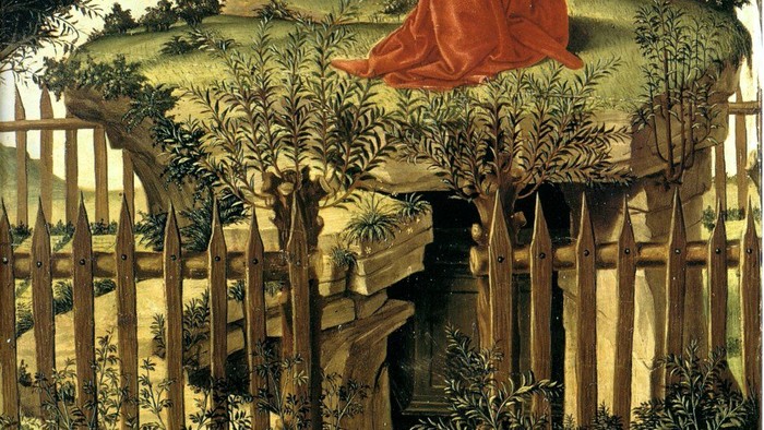 Engel schwebt über schlafende Menschen in einer Gartenlandschaft