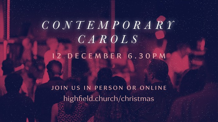 Promotion for Contemporary Carols event on December 12th at 6:30 PM, in-person or online.