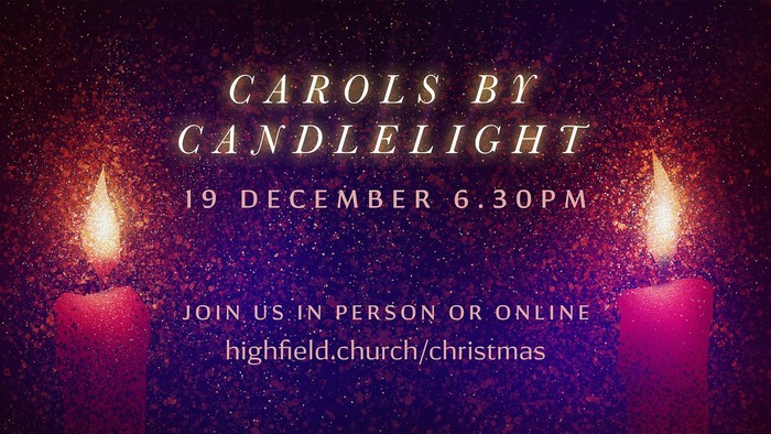 Christmas carol event by candlelight, December 19, 6:30 PM, in-person or online.