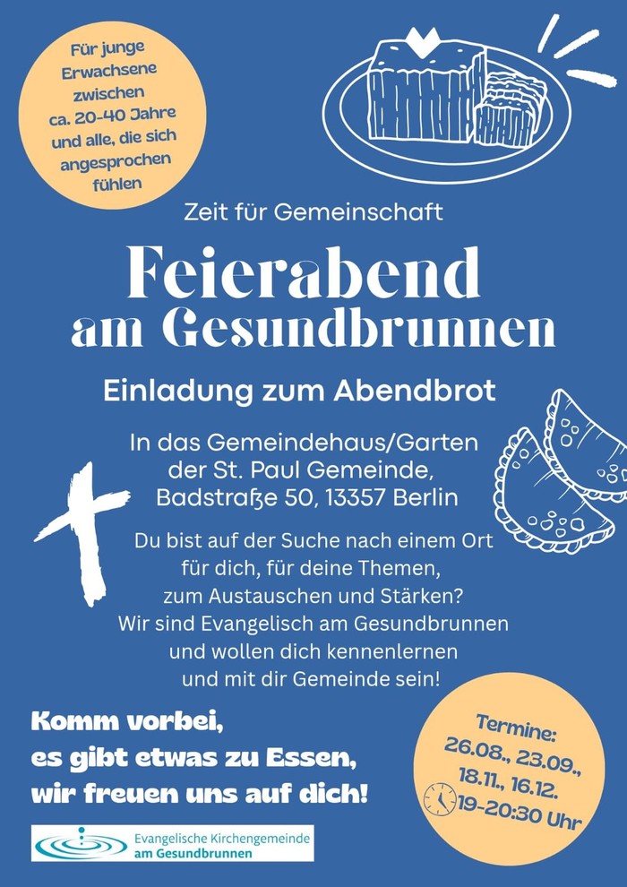 Einladungsplakat für einen Abendempfang im Gemeindezentrum der Evangelischen Kirchengemeinde am Gesundbrunnen.