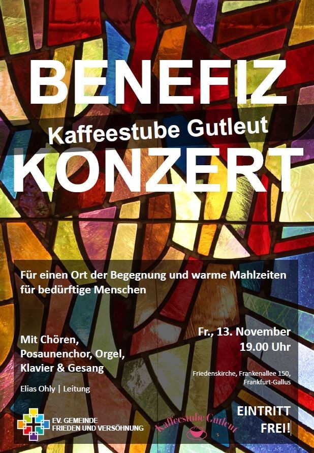 Plakat für Benefizkonzert in der Kaffeestube Gutleut mit Chorgesang und warmen Mahlzeiten für Bedürftige.