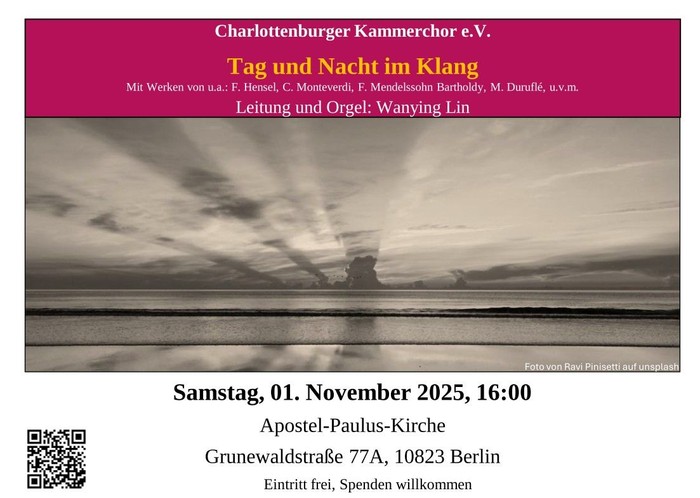 Plakat zum Konzert mit Schwarz-Weiß-Foto eines Sonnenuntergangs am Meer
