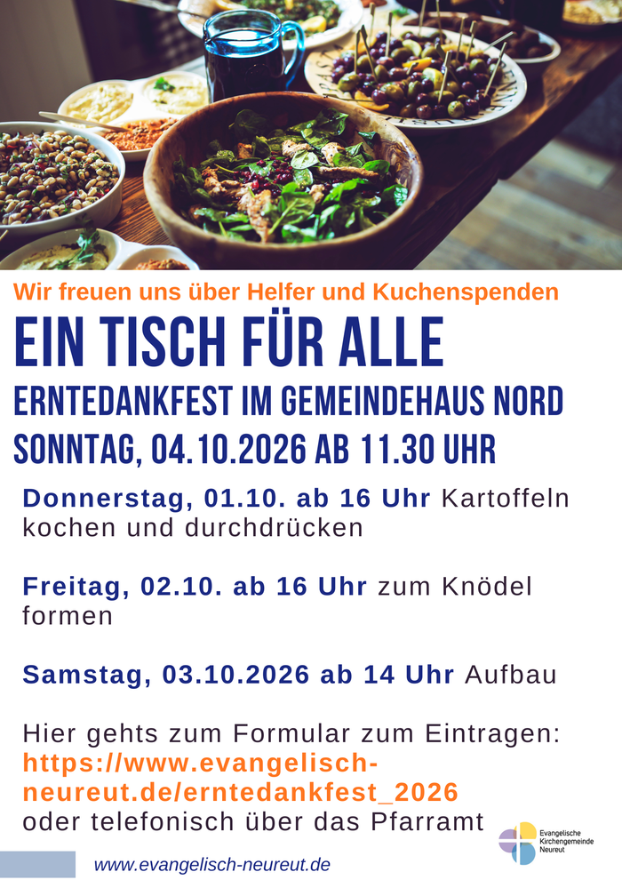 Wir suchen Helfer für die Vorbereitung und Durchführung unseres Erntedankfestes im Gemeindehaus Nord und wir freuen uns über Kuchenspenden