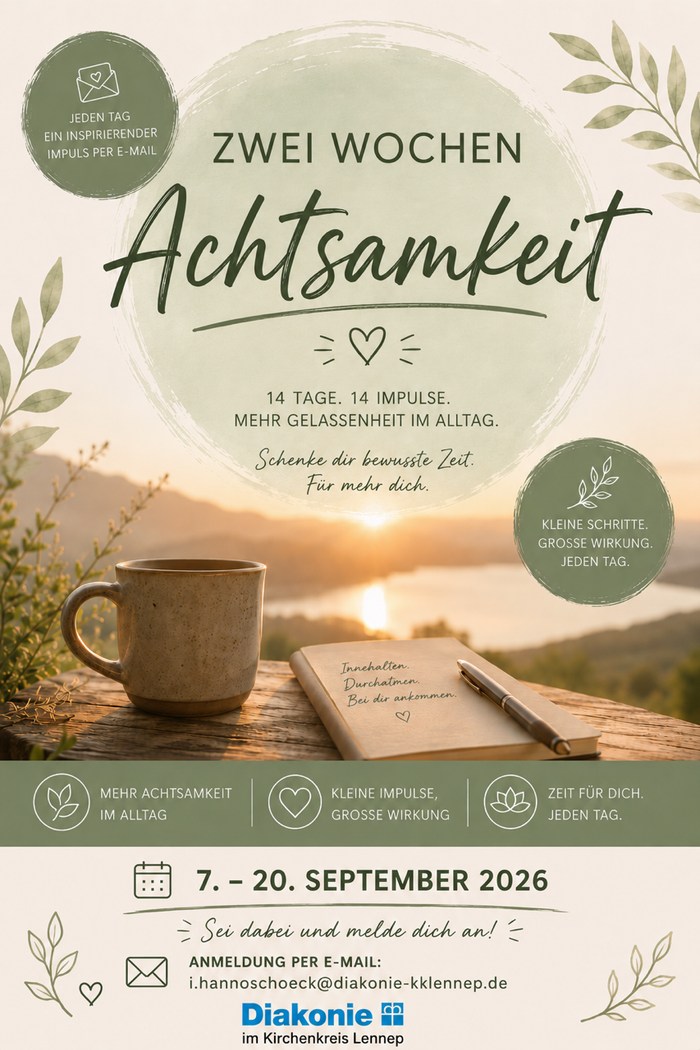Ein Plakat mit vielen Informationen und grafischen Elementen zu einem Achtsamkeitsangebot