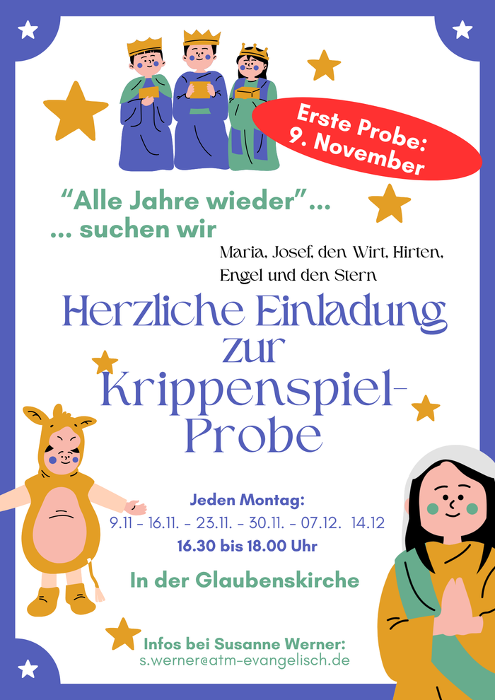 Einladungsplakat für eine Weihnachtsstück-Probe mit Figuren und Zeitplanangaben auf Deutsch.