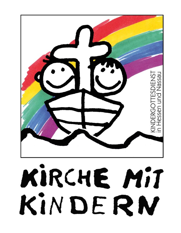 Schwarzweißes Schiff mit zwei Kindern vor buntem Regenbogen; Unten drunter steht Kirche mit Kindern 
