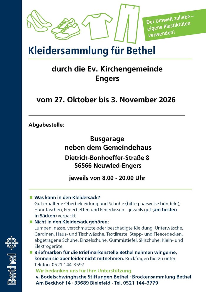 Plakat Kleidersammlung für Bethel 27.10.26-03.11.26 Busgarage neben dem Gemeindehaus