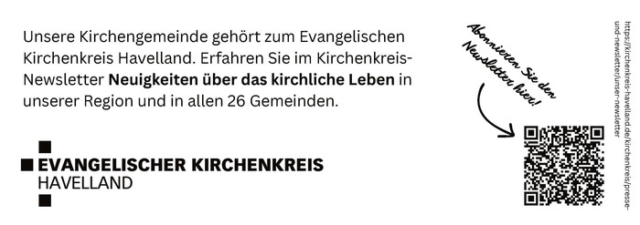 Newsletter-Abo-Einladung des Evangelischen Kirchenkreises Havelland mit QR-Code an der rechten unteren Ecke.