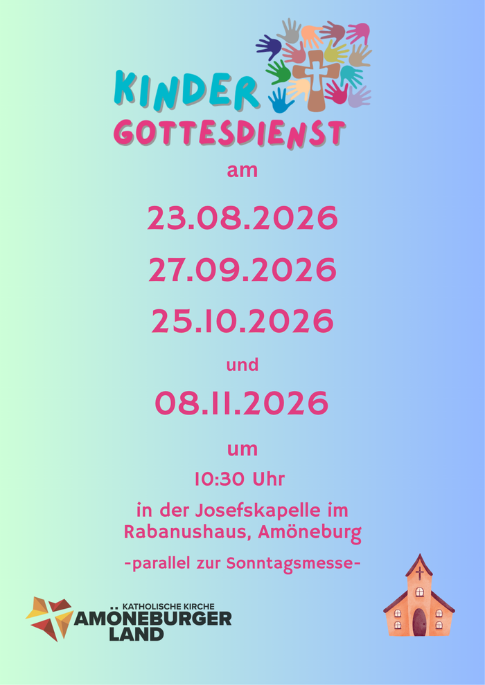 Plakat zur Ankündigung katholischer Kindergottesdienste an bestimmten Terminen im August, September, Oktober und November 2026.