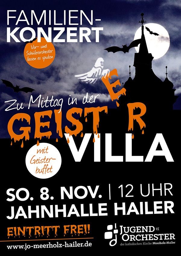 Familienfreundliches Halloween-Konzert „Geistervilla“ mit freiem Eintritt und Geisterbuffet in der Jahnhalle Hailer am 8. November.