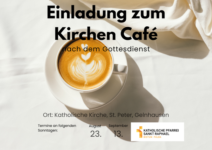Einladungsplakat für ein Kirchenkaffee nach dem Sonntagsgottesdienst mit Kaffeekunst und Veranstaltungsdetails.