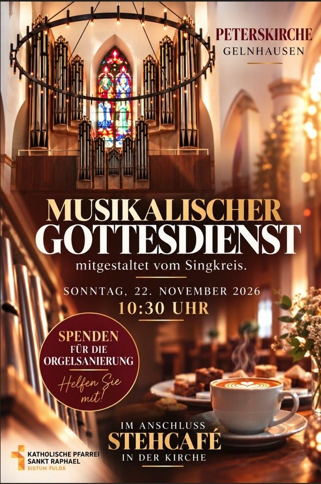 Einladungsplakat für einen musikalischen Gottesdienst mit anschließendem Kaffeetreffen, mit Orgelmusik und Buntglasfenstern.